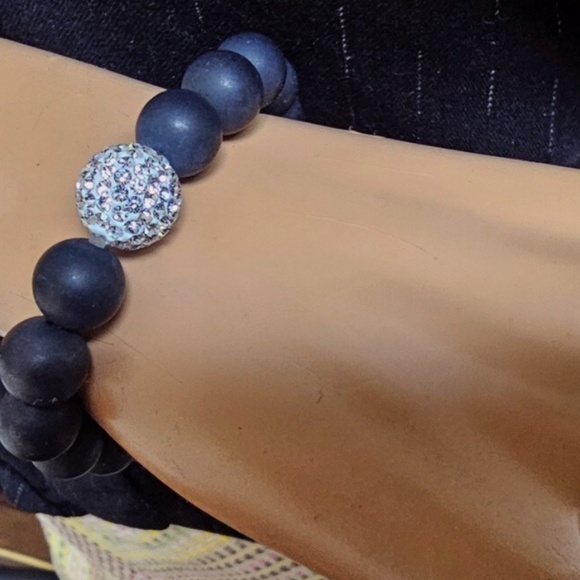 Matte Black Beads and crystals ball flex Bracelet and matching necklace set - Picture 4 of 8